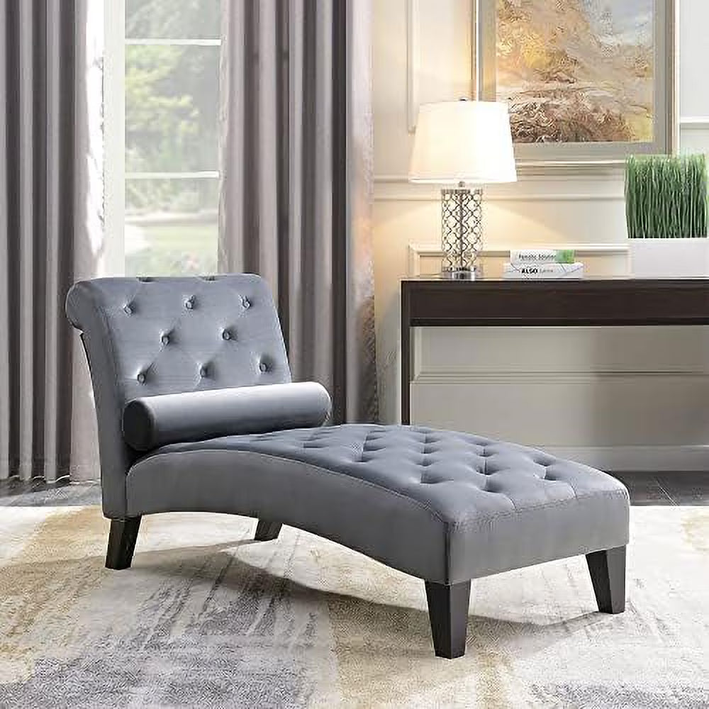 Beige Upholstered Chaise Lounge Sofa with Button Tufted Back and Hardwood Legs N116