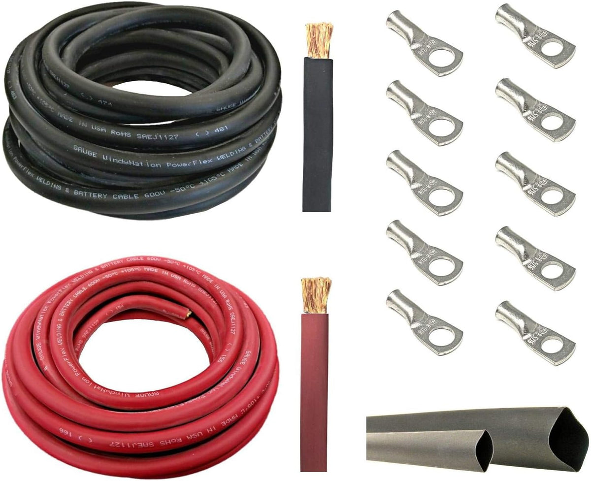 1/0 AWG 10 Feet Black Pure Copper Flexible Cable with Copper Cable Lug Terminal Connectors and Heat Shrink Tubing B6722