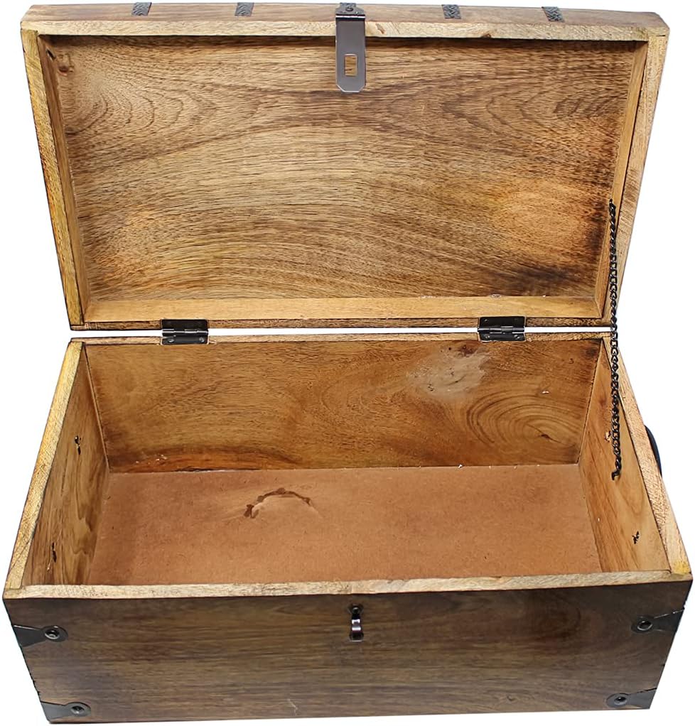 Wooden Treasure Chest with Antique Iron Lock and Skeleton Key, X-Large 17 x 10 x 7.5 M696
