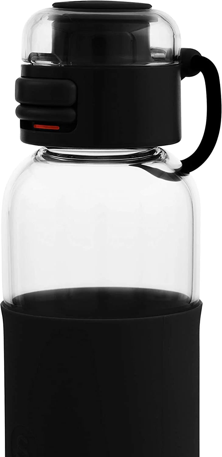 Black Glass Sport Water Bottle with Silicone Sleeve and Flip Top Lid X760431