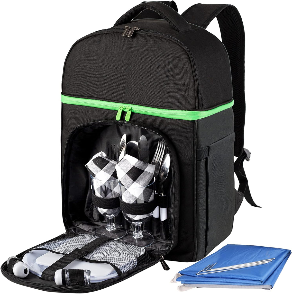 Insulated Picnic Backpack Bag with Cooler Compartment, Blanket, Plates and Cutlery Set T581