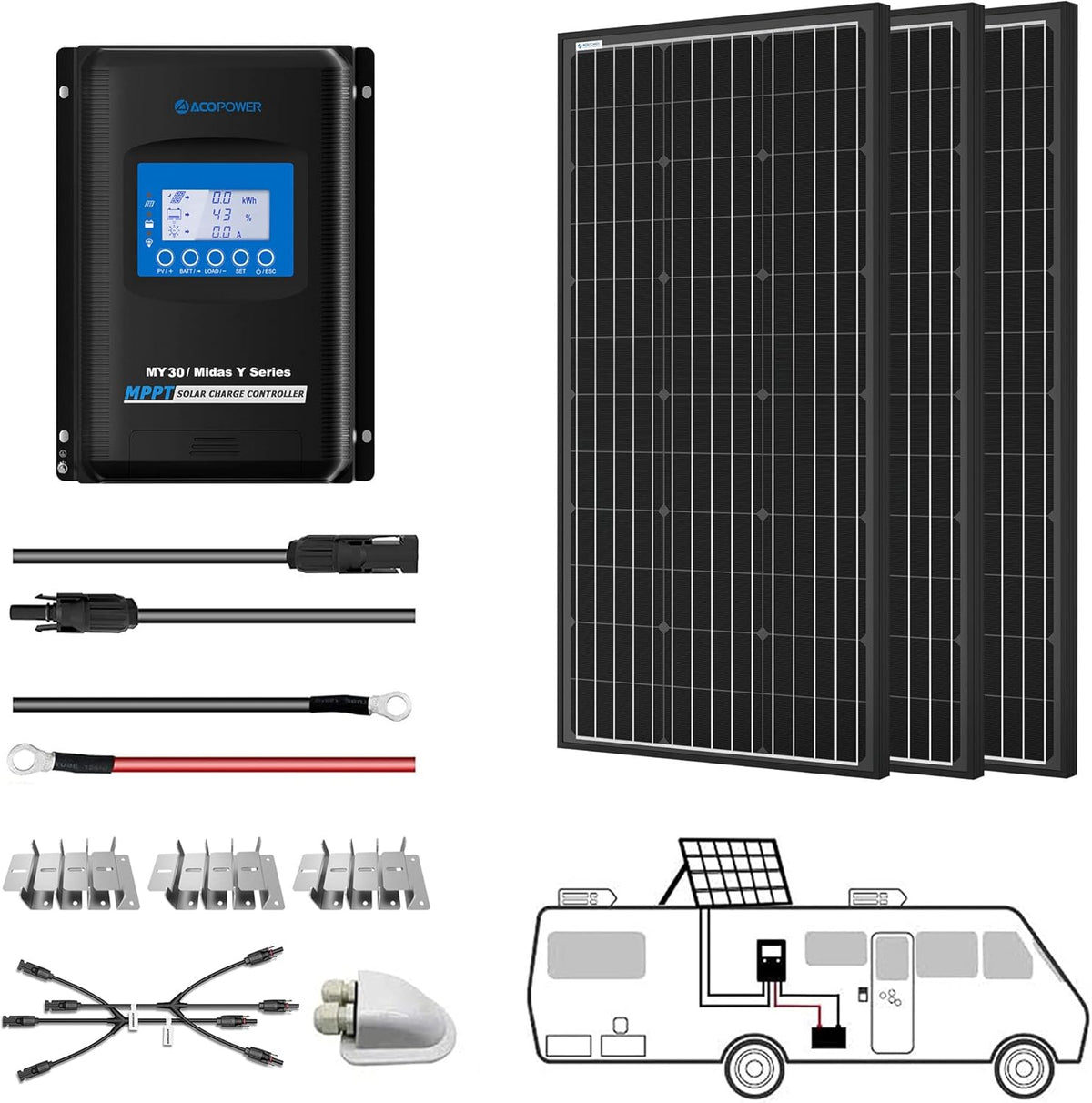 300 Watt Monocrystalline Solar Panel Kit with 30A MPPT LCD Charge Controller D515989