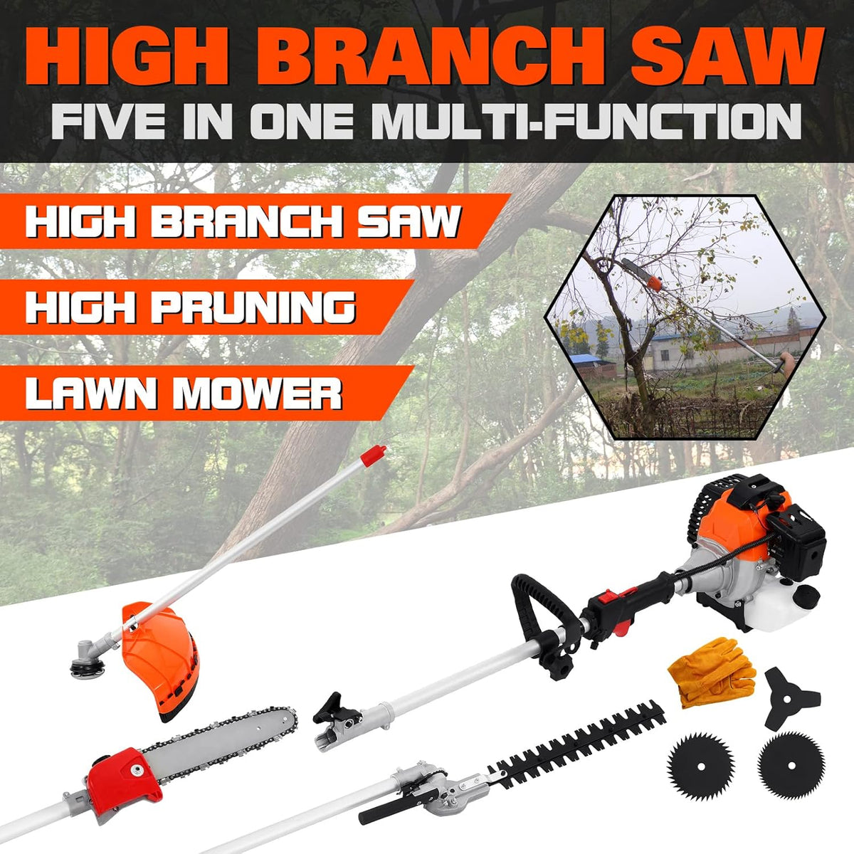 52CC 5 in 1 Gas Pole Saw Hedge Trimmer Straight Shaft Brush Cutter with Extension Pole D802