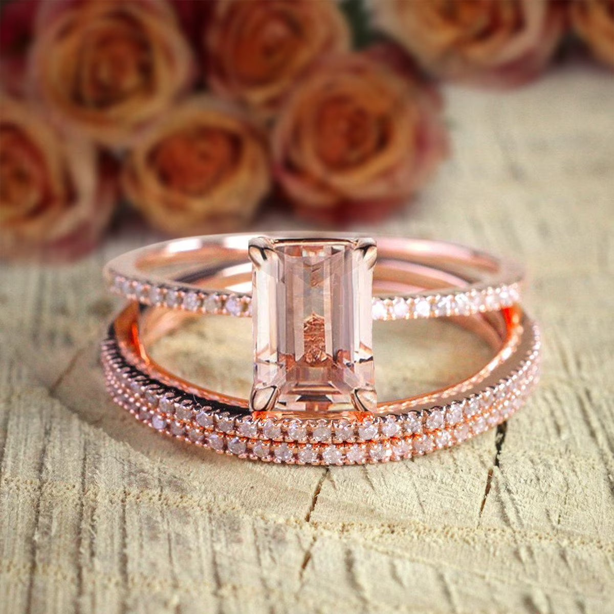 2.50 Carat Emerald Cut Morganite And Diamond Moissanite 3 Rings Set With 18K Rose Gold Plating I836