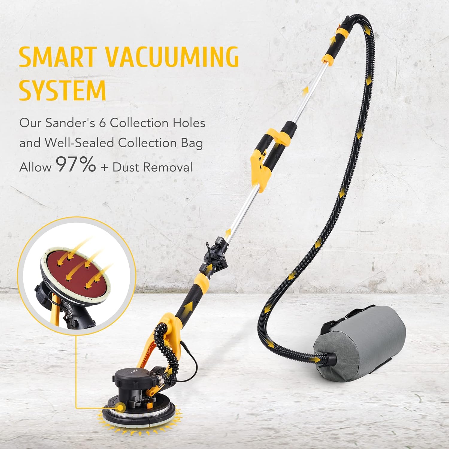 Folding Drywall Sander with Extendable Handle, 12 Sanding Discs, LED Light, 6 Speed N416