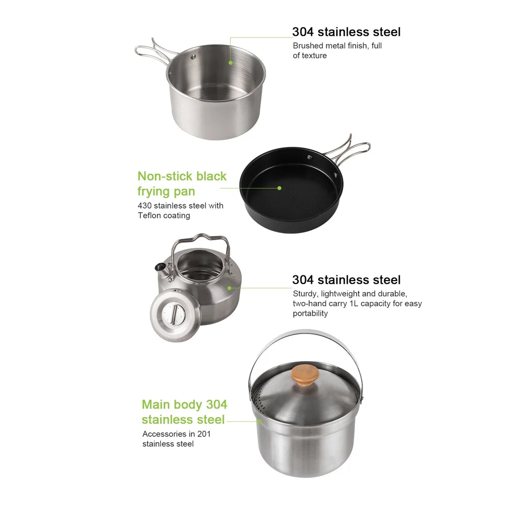 Stainless Steel Camping Cookware Set with Pot Frying Pan Kettle U79713