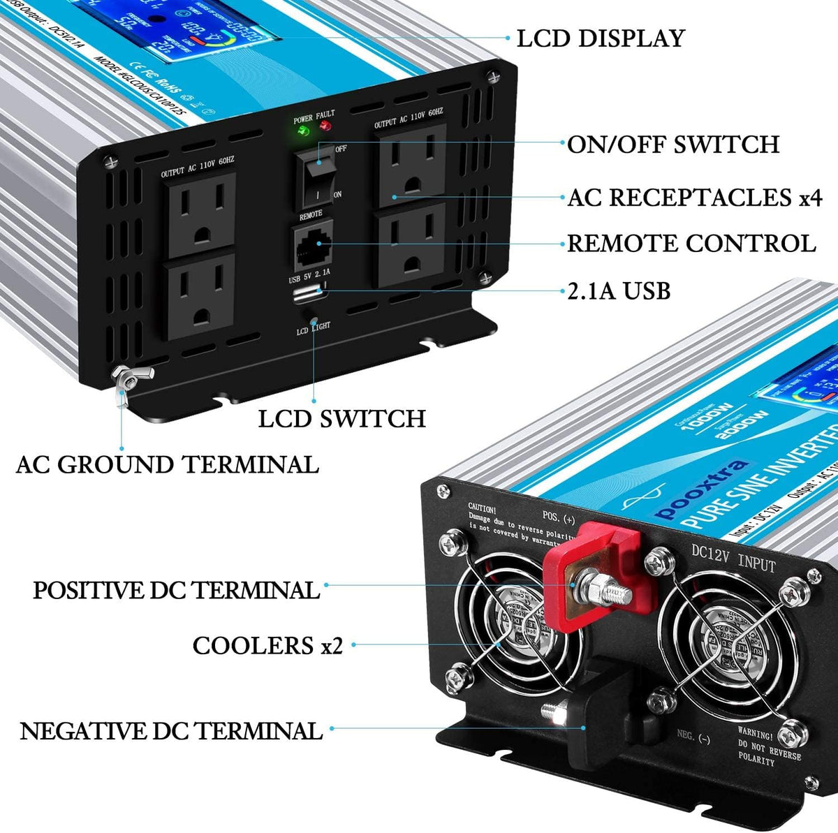 1000 Watt Pure Sine Wave Inverter 12v to AC 110v with 4AC Power Outlets, Remote Control, LCD Display H4214