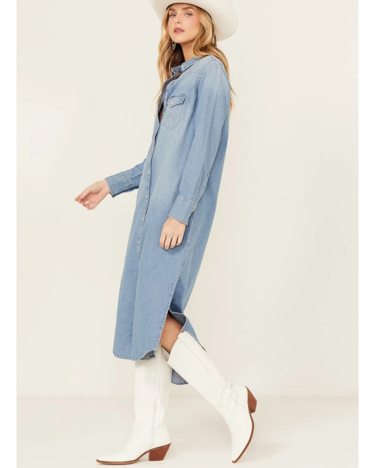 Medium Wash Long Sleeve Denim Dress Z2717