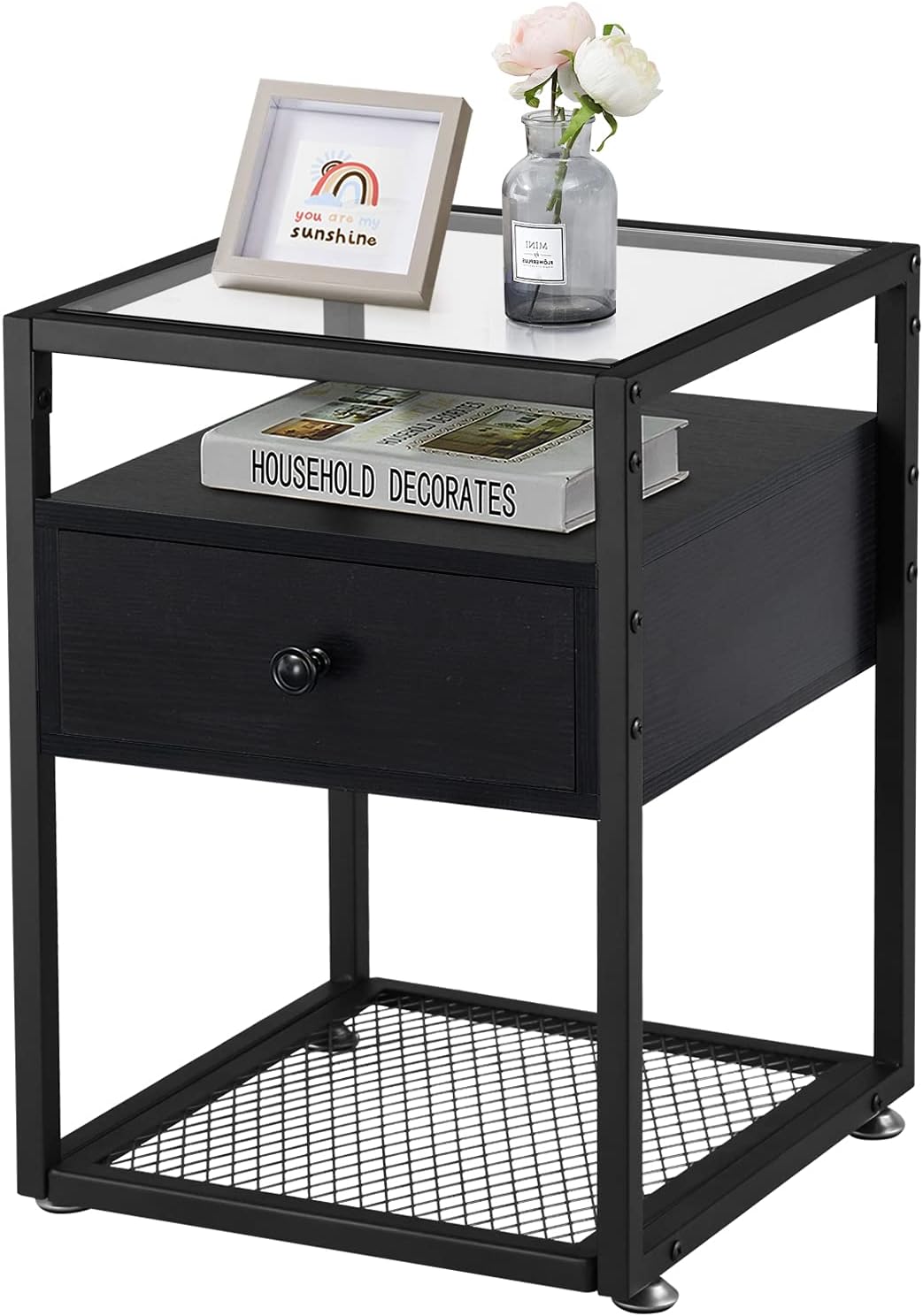 Brown+Black Tempered Glass Nightstand with Drawer and Shelf I37154