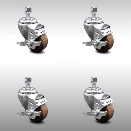 3.5 inch SS High Temp Glass Filled Nylon Threaded Stem Caster Set Brake X532