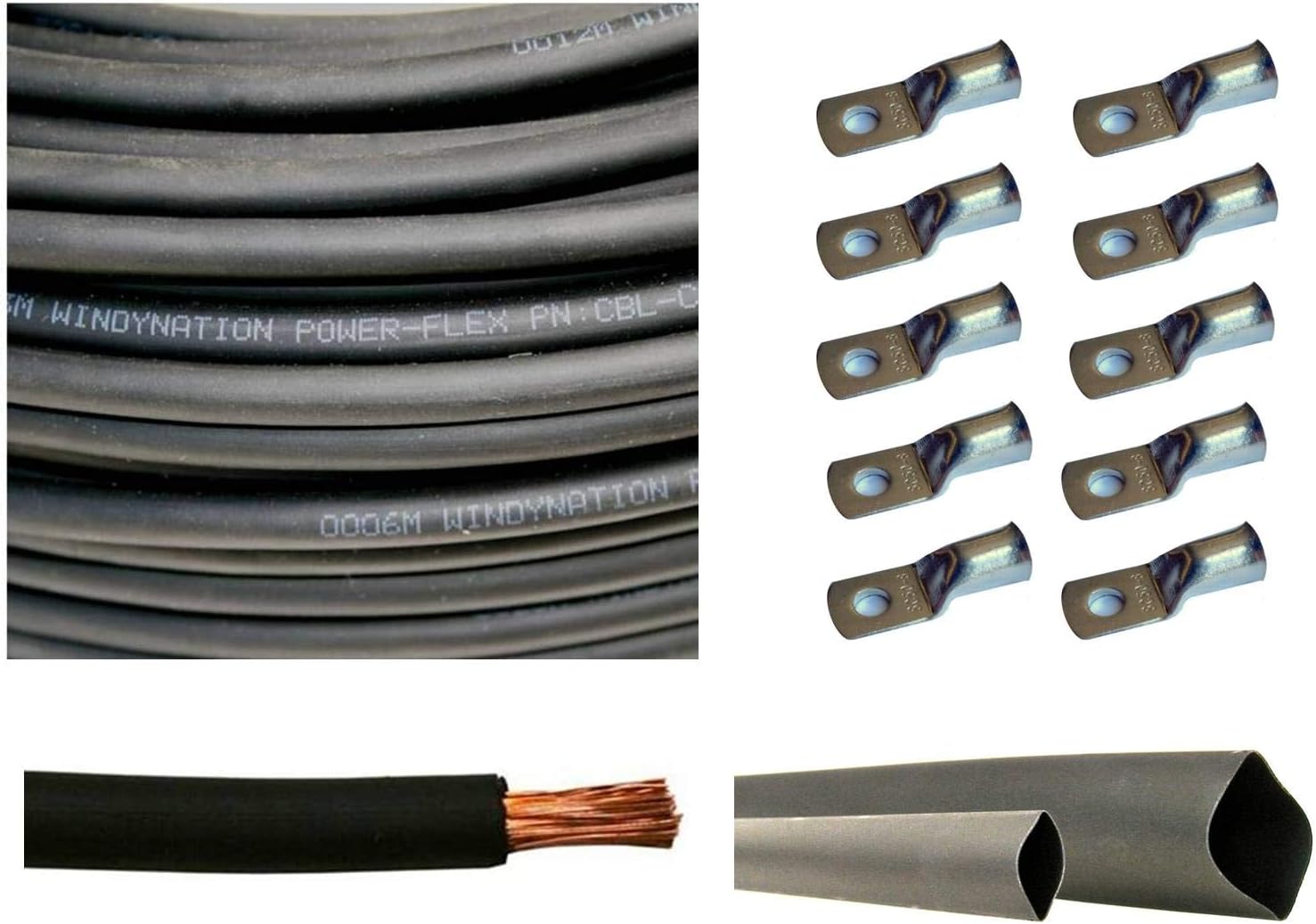 1/0 AWG 10 Feet Black Pure Copper Flexible Cable with Copper Cable Lug Terminal Connectors and Heat Shrink Tubing B6722