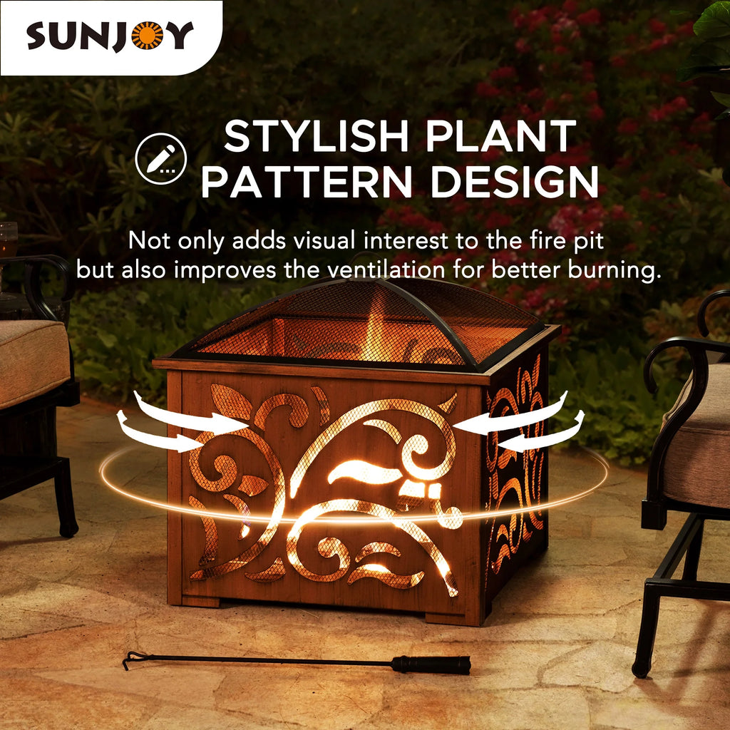 26 Inch Wood Burning Fire Pit with Steel Mesh Spark Screen and Fire Poker V899