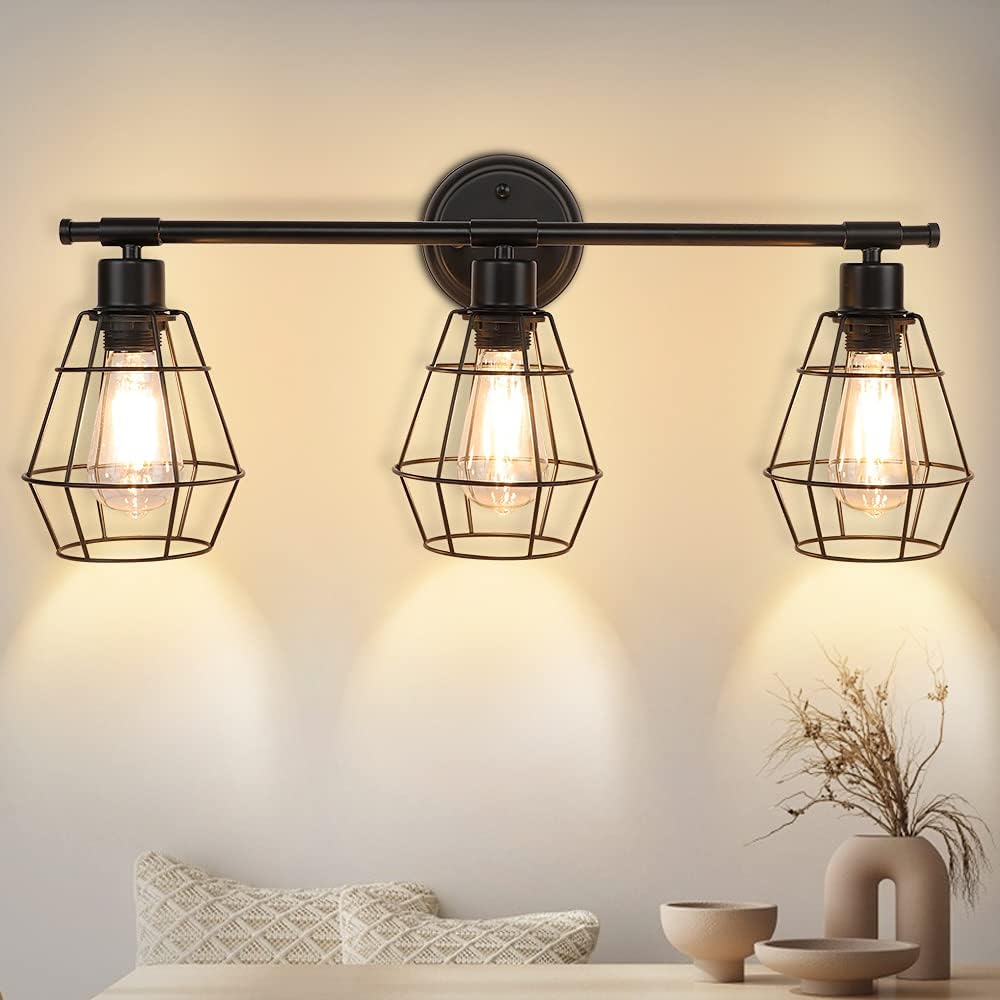 2-Light Industrial Wall Vanity Light Fixture, Black, E26 R1142