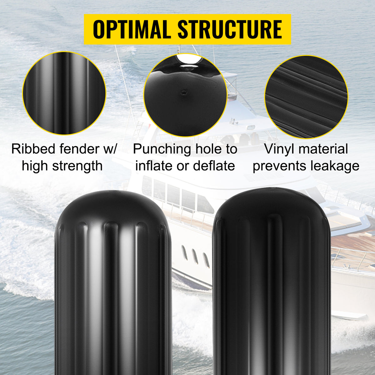 4 New Ribbed Boat Fenders 10" X 28" Black Center Hole Bumpers H549026