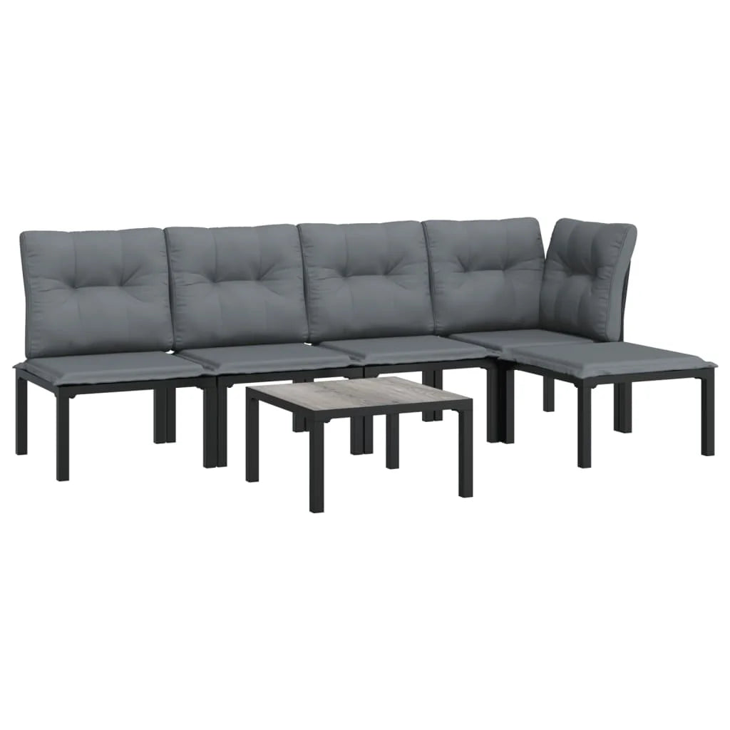6 Piece Outdoor Patio Furniture Set, Sectional Sofa Set with Dark Gray Cushions, Black Poly Rattan I7281
