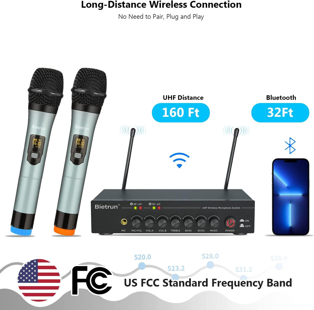 UHF Dual Channel Wireless Microphones with Bluetooth, Metal Cordless Handheld Dynamic Mics Z584725