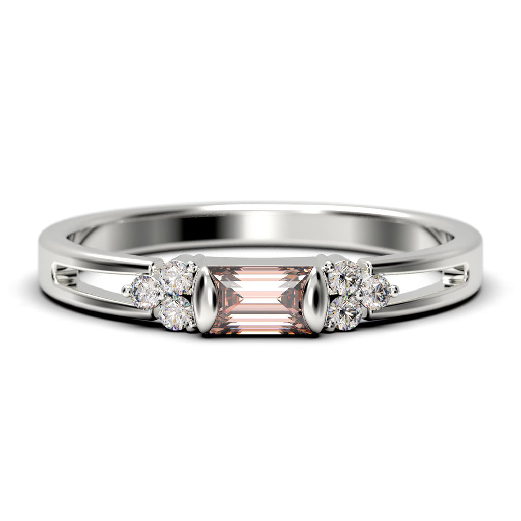 1.00 Carat Baguette Cut Morganite And Diamond Moissanite Engagement Ring in 10k Solid White Gold V738145