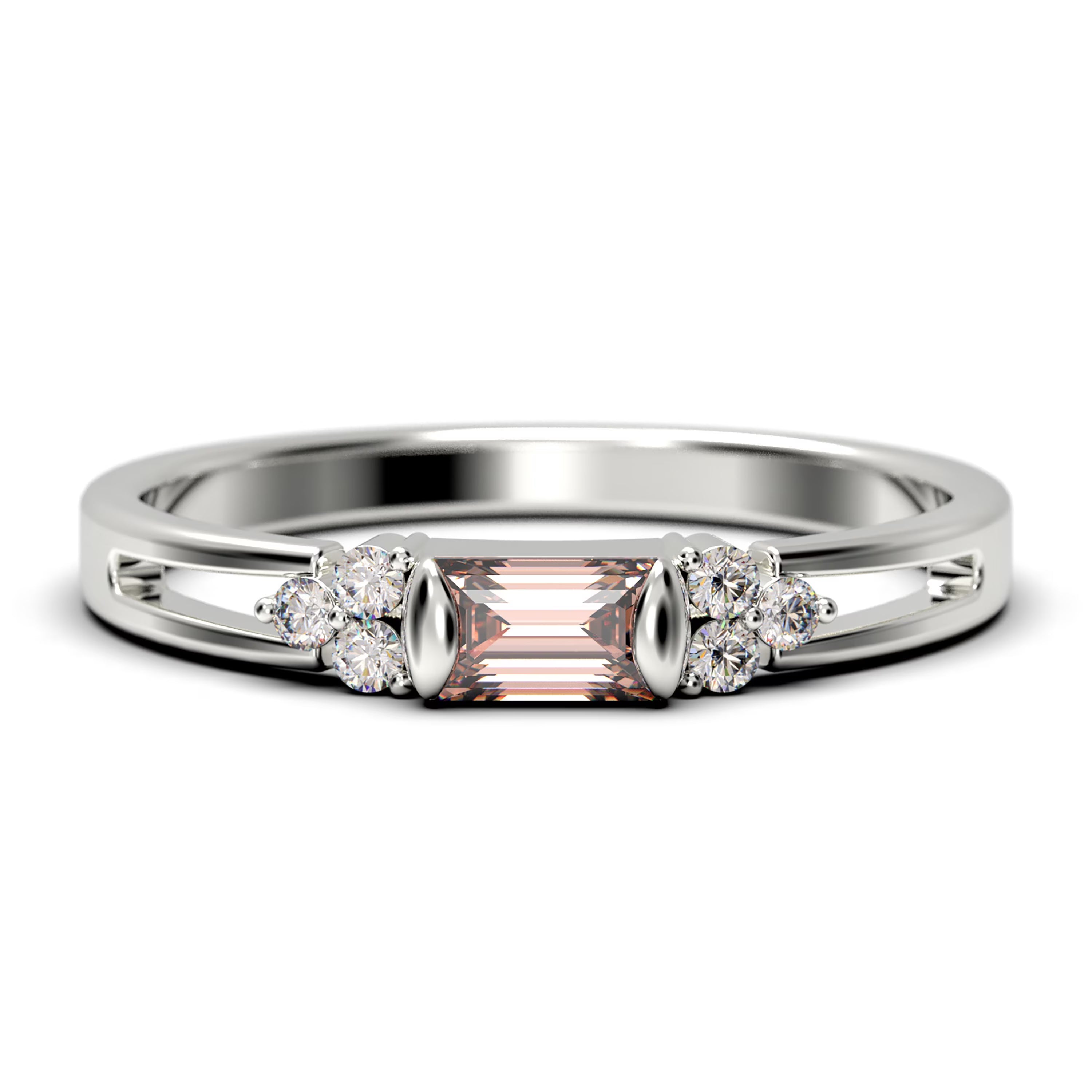 1.00 Carat Baguette Cut Morganite And Diamond Moissanite Engagement Ring in 10k Solid White Gold V738145