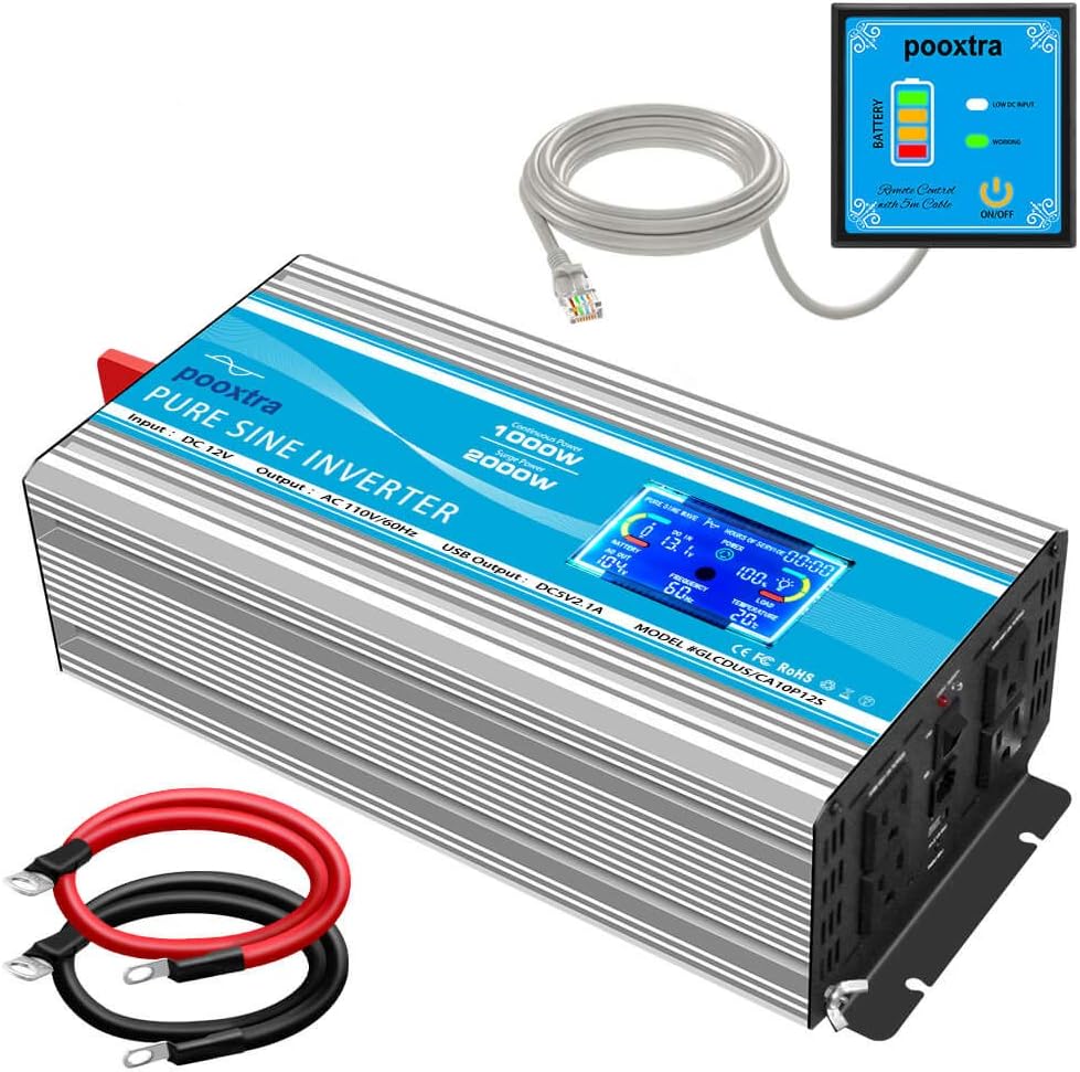1000 Watt Pure Sine Wave Inverter 12v to AC 110v with 4AC Power Outlets, Remote Control, LCD Display H4214