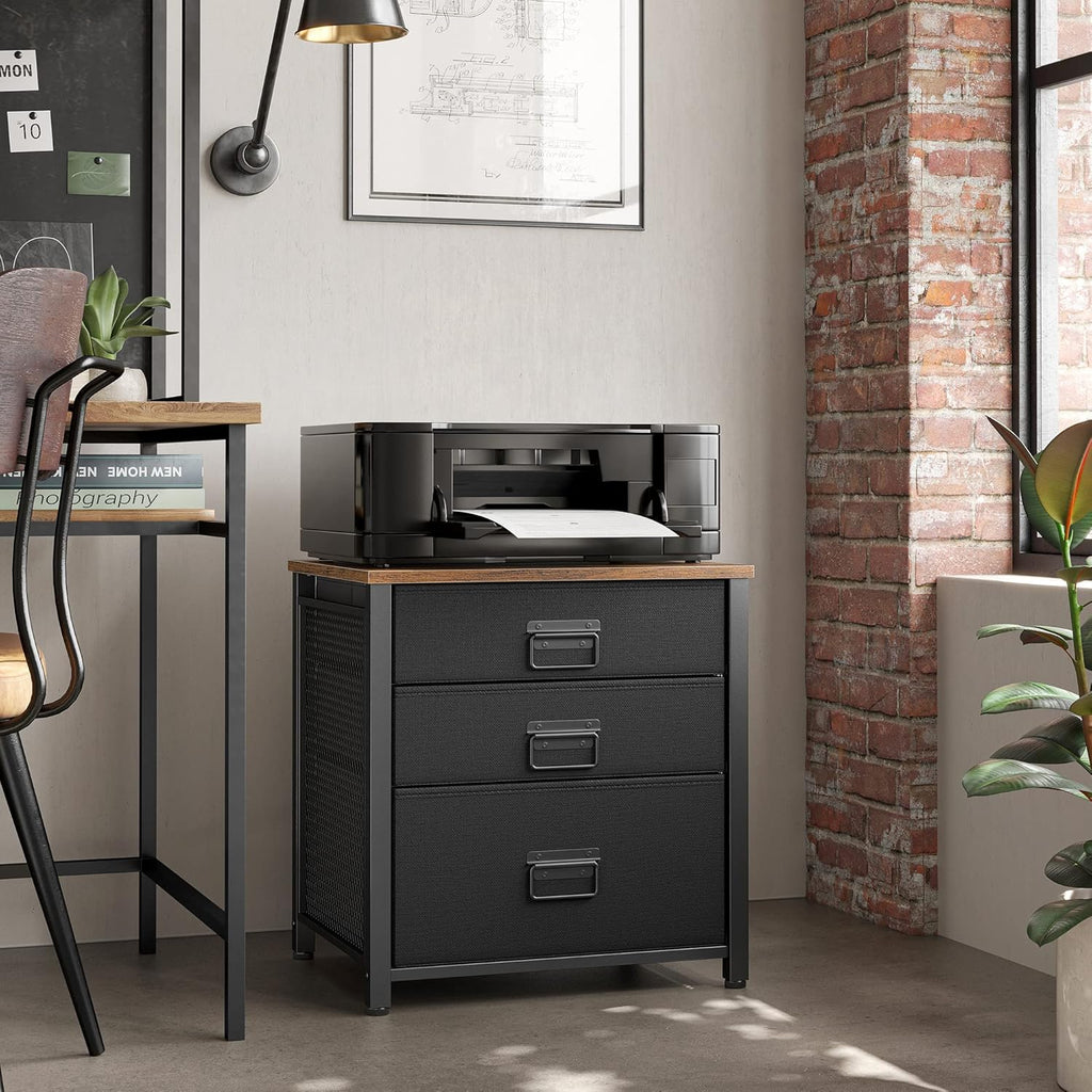 Rustic Brown and Black 3 Drawer Steel Frame Wooden Top Nightstand V4542