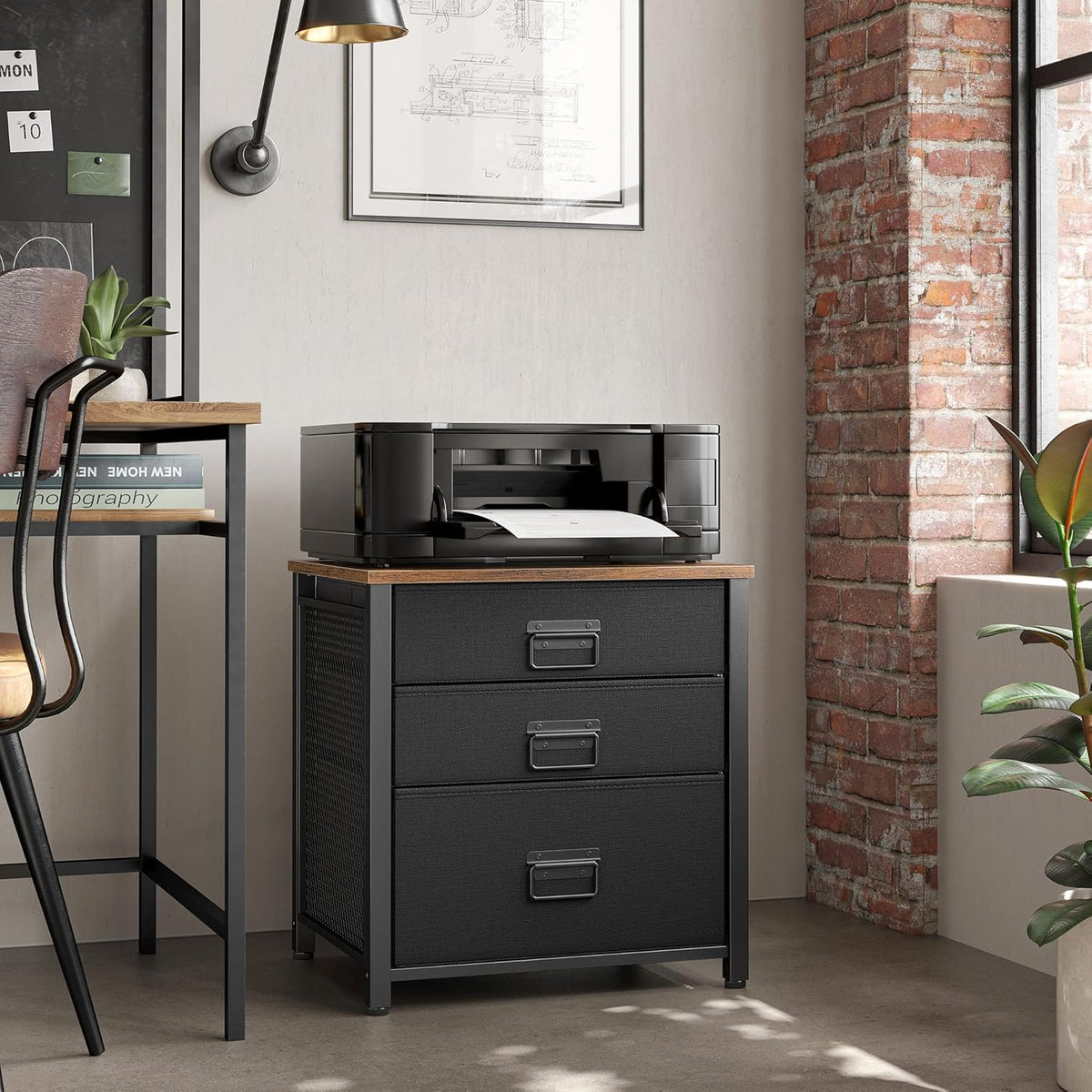 Rustic Brown and Black 3 Drawer Steel Frame Wooden Top Nightstand V4542