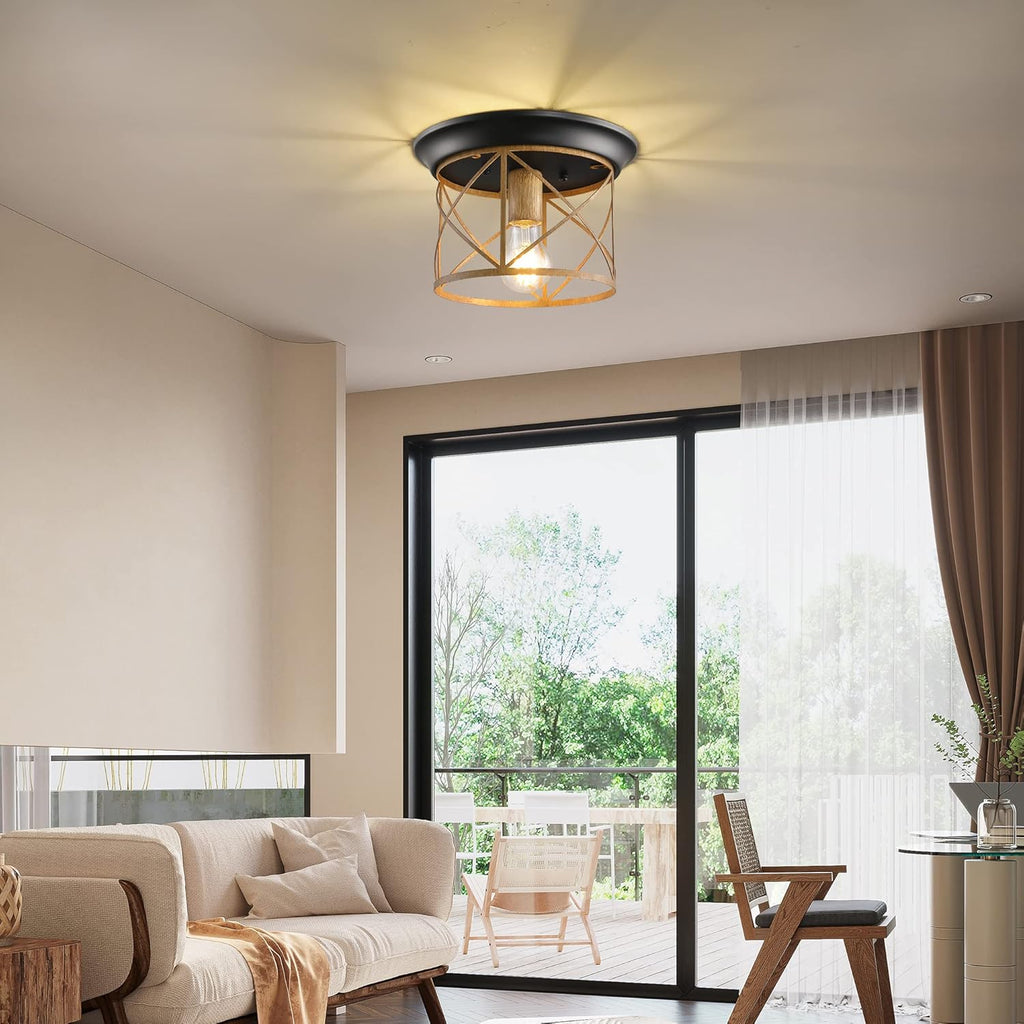Rustic Flush Mount Ceiling Light with Hand Paint Wood Finish Vintage Industrial Metal Cage Ceiling Lamp E26 Base O6464