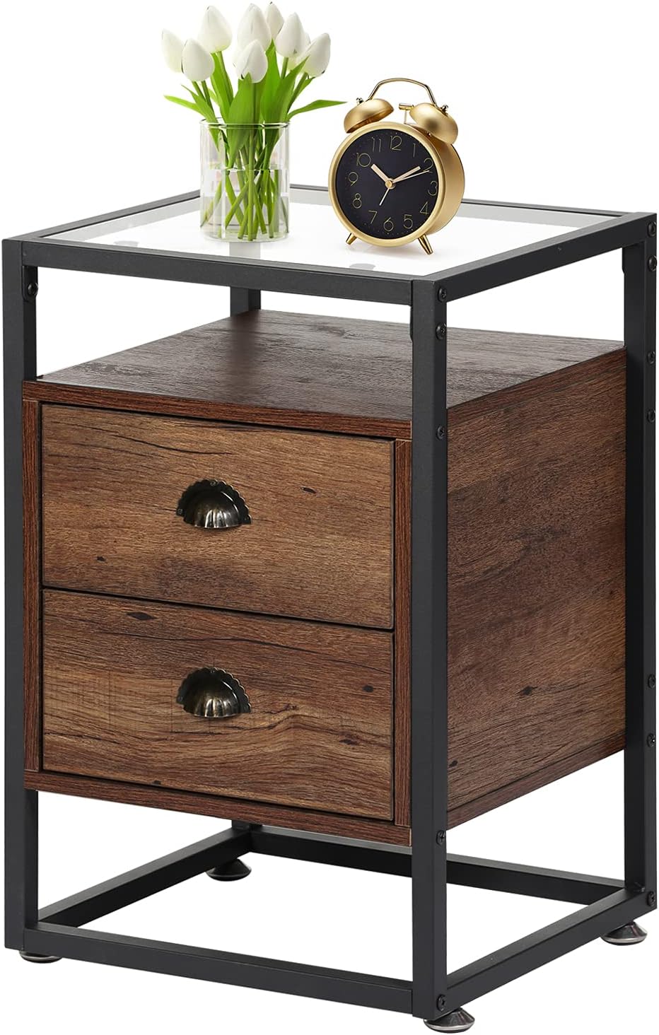 Brown+Black Tempered Glass Nightstand with Drawer and Shelf I37154
