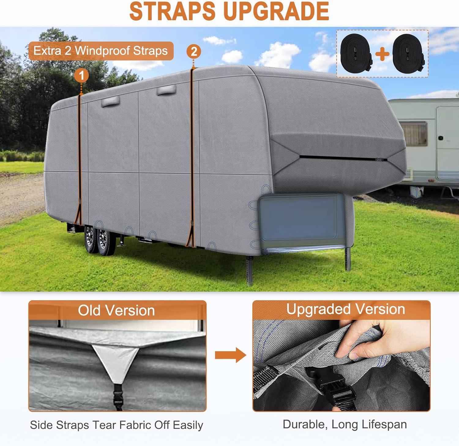 6 Layers Top 5th Wheel RV Cover Anti-UV Camper Cover Breathable Rip-Stop with 2Pcs Extra Straps & Gutter Spout Covers Z809322