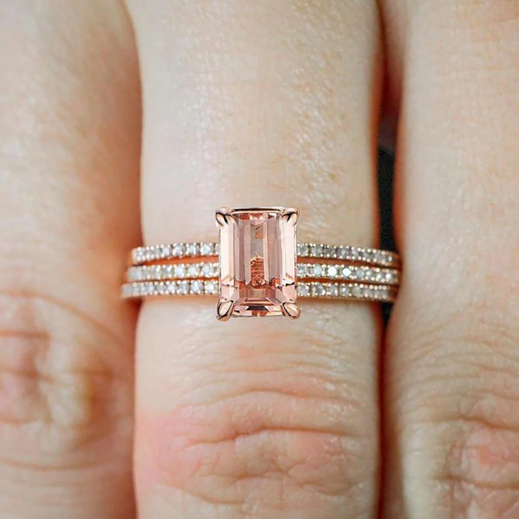 2.50 Carat Emerald Cut Morganite And Diamond Moissanite 3 Rings Set With 18K Rose Gold Plating I836