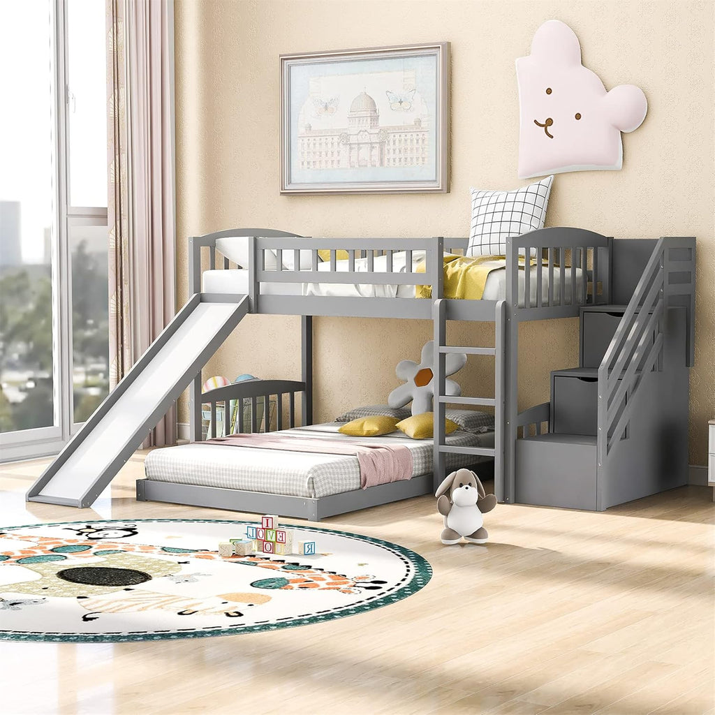Gray Wooden Twin Loft Bed with Slide and Storage Cabinet Drawers and Book Shelves U891486