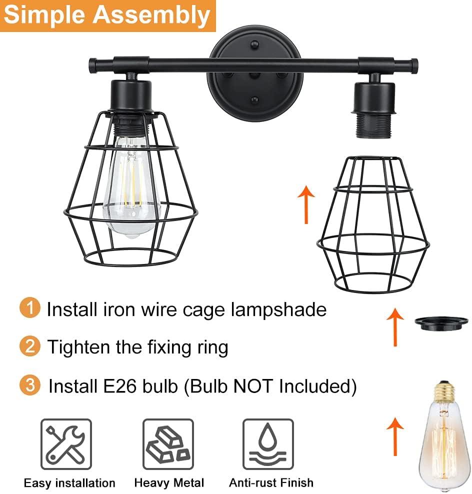 2-Light Industrial Wall Vanity Light Fixture, Black, E26 R1142