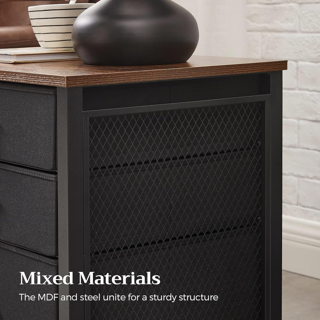 Rustic Brown and Black 3 Drawer Steel Frame Wooden Top Nightstand V4542