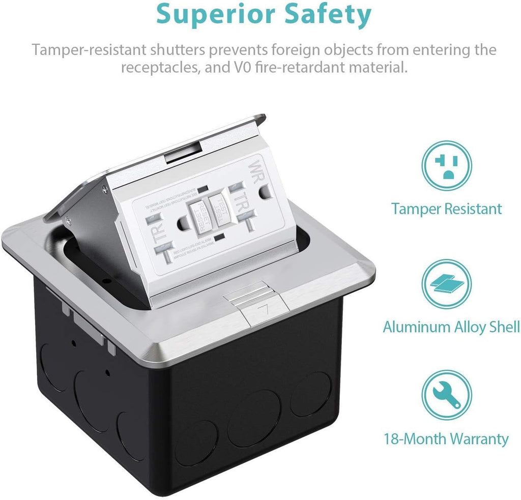 Pop Up Floor Outlet Covers Box, 20A Duplex Receptacle, Aluminum alloy, Silver Pack of 2 A275