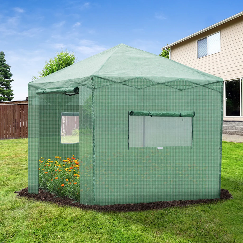 8x8 Ft Pop-up Walk-in Greenhouse with Roll-up Zip Door and 2 Windows J4308