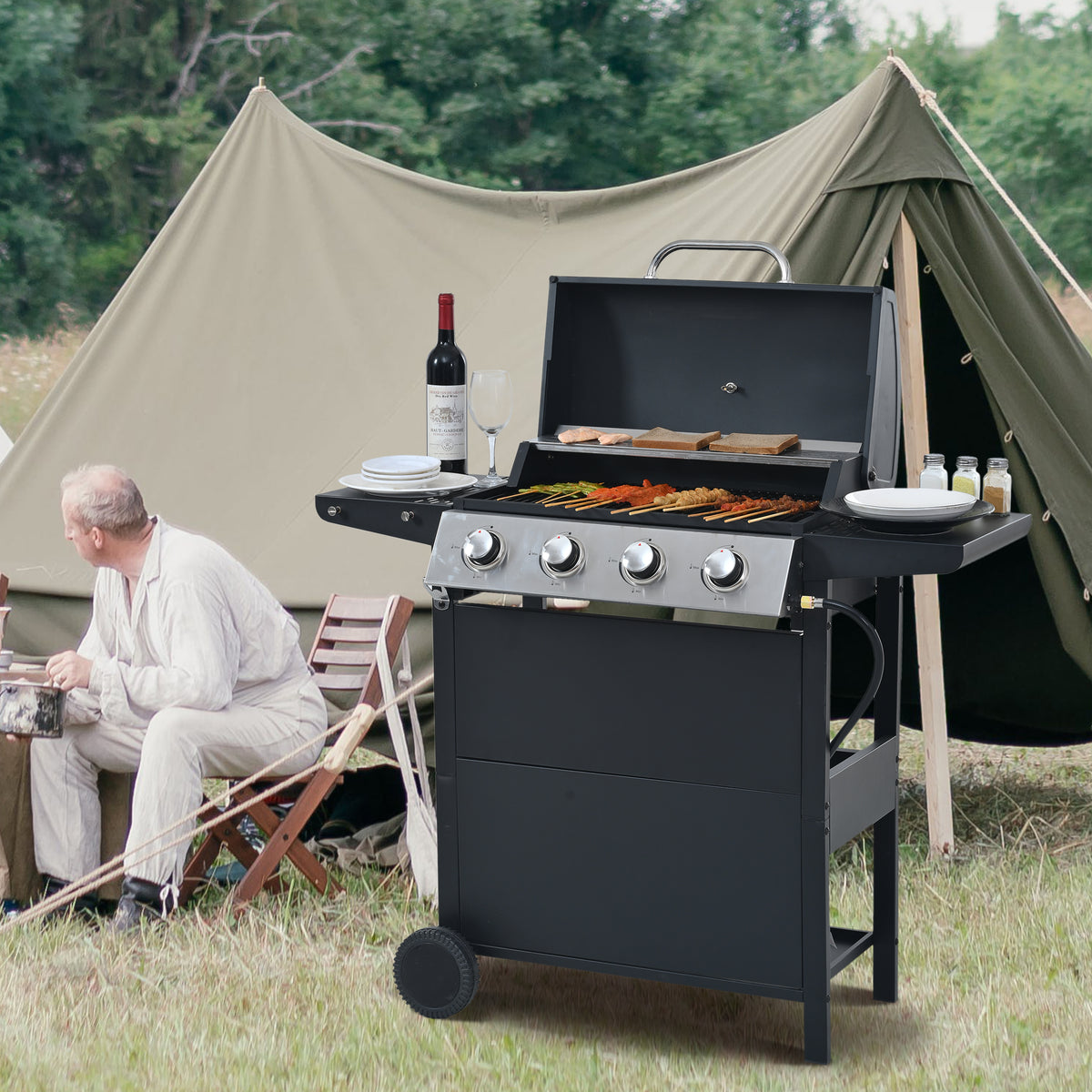 4 Burner Propane Gas Grill with Thermometer, 2 Prep Tables A18184