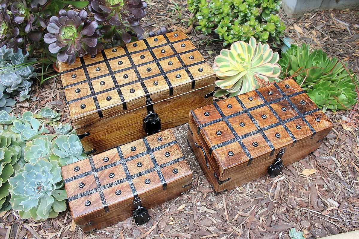 Wooden Treasure Chest with Antique Iron Lock and Skeleton Key, X-Large 17 x 10 x 7.5 M696