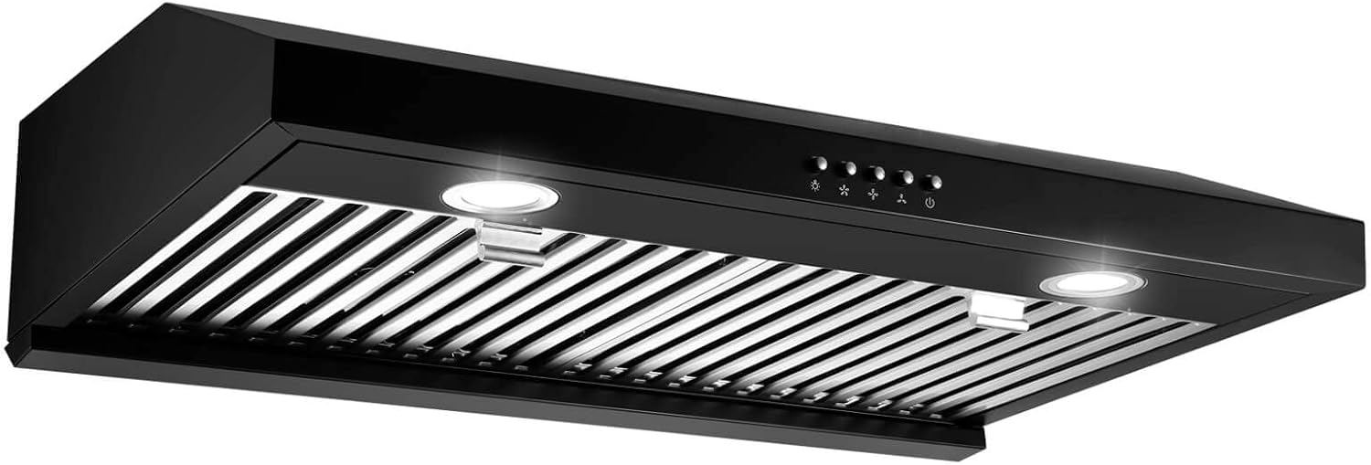 Matte Black 30 inch Stainless Steel Under Cabinet Range Hood with Push Button Control, 600 CFM, Dual Motors, Baffle Filters, LED Lights R910