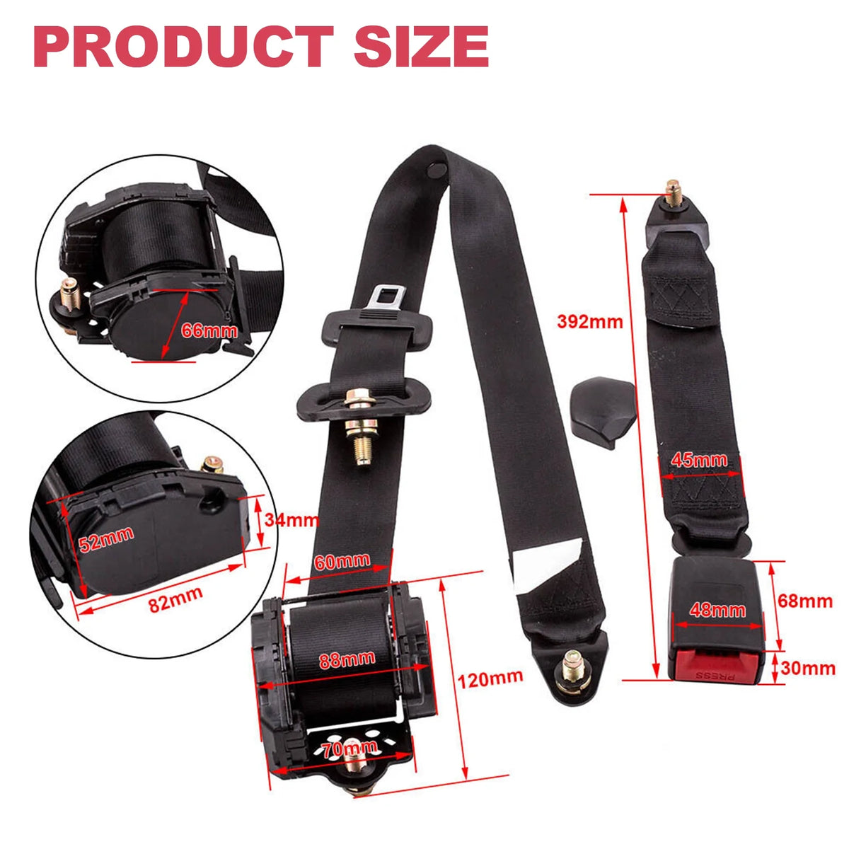 2 Pack Universal 3 Point Retractable Car Seat Belt, Black S8602