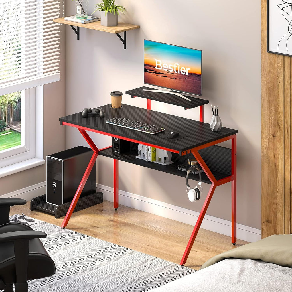 44 K-Shaped Gaming Desk with Led Light CPU Stand Carbon Fiber RGB Computer Desk with Bookshelf Black/Red E417402