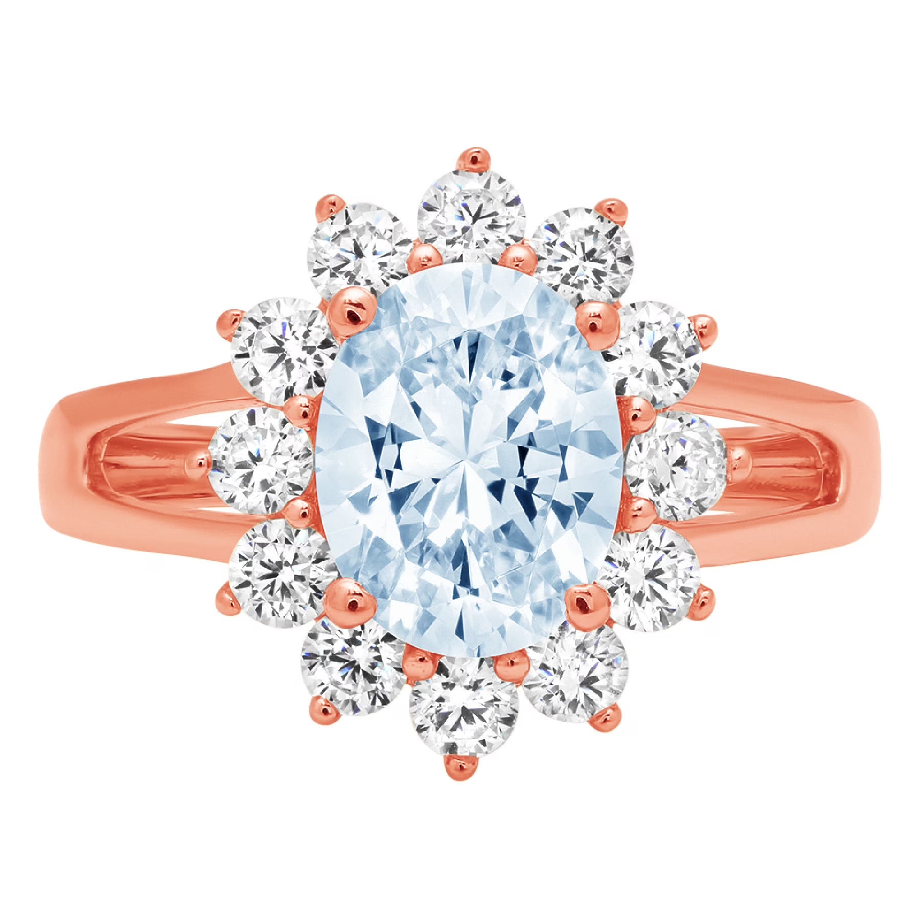 Oval Cut Blue Simulated Diamond 18k Rose Gold Halo Ring Size 6.75 I703