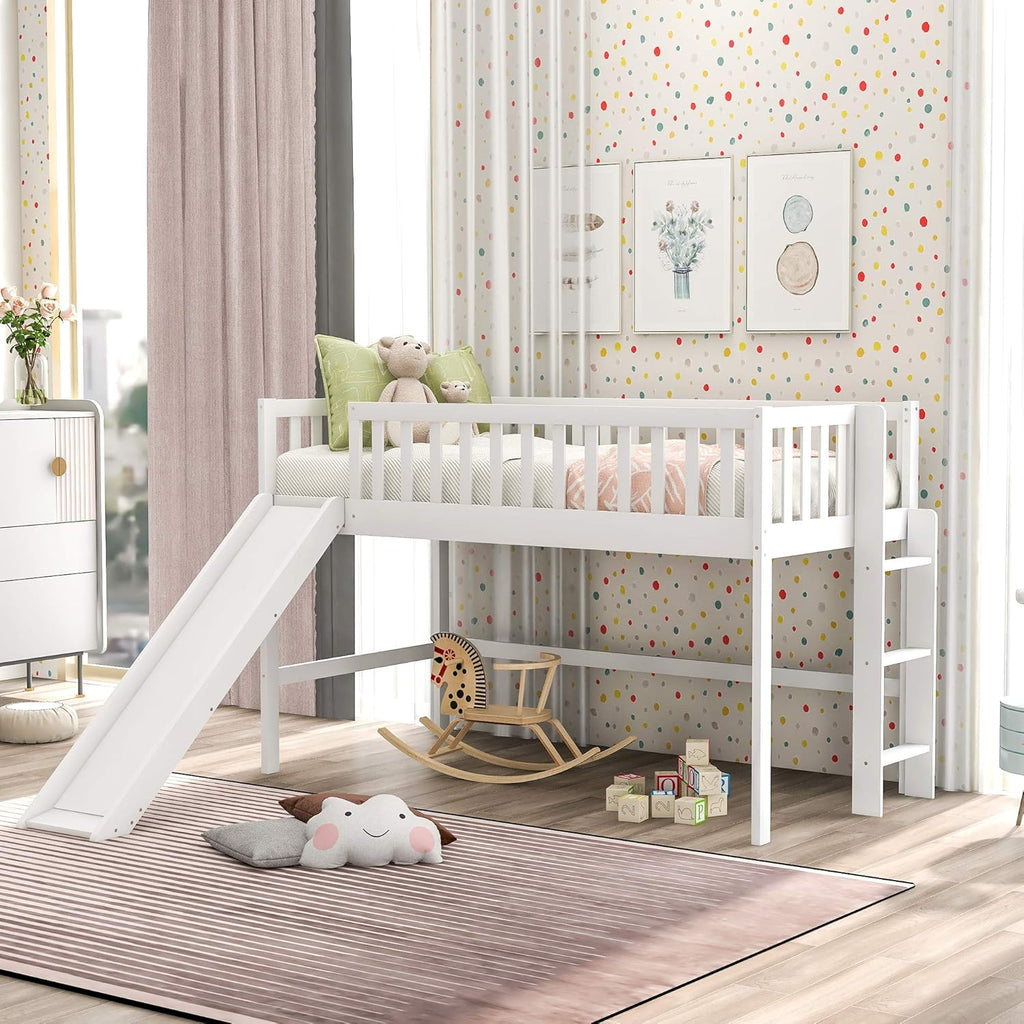 Gray Wooden Twin Loft Bed with Slide and Storage Cabinet Drawers and Book Shelves U891486