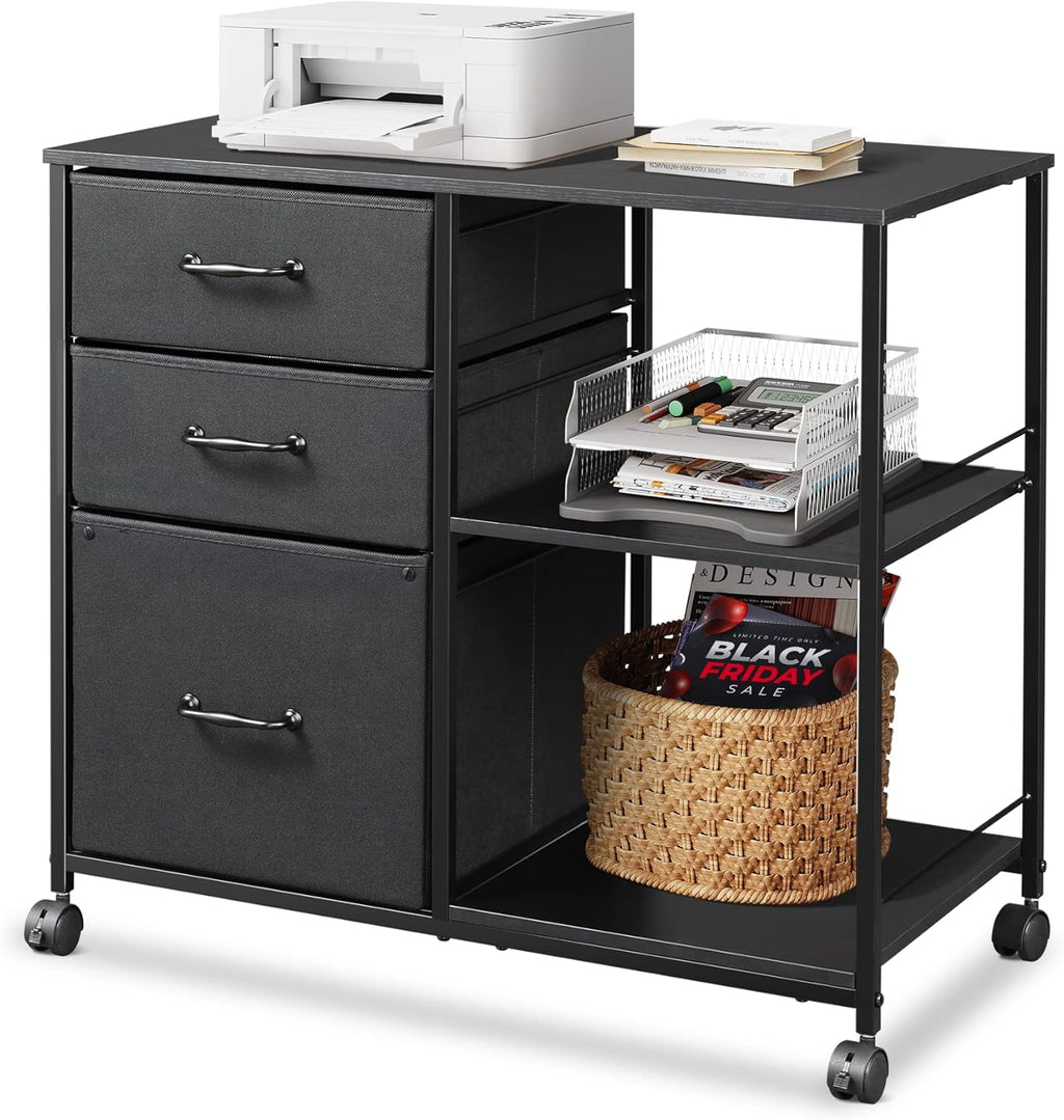 Black 3 Drawer Mobile File Cabinet with Open Storage Shelf N694