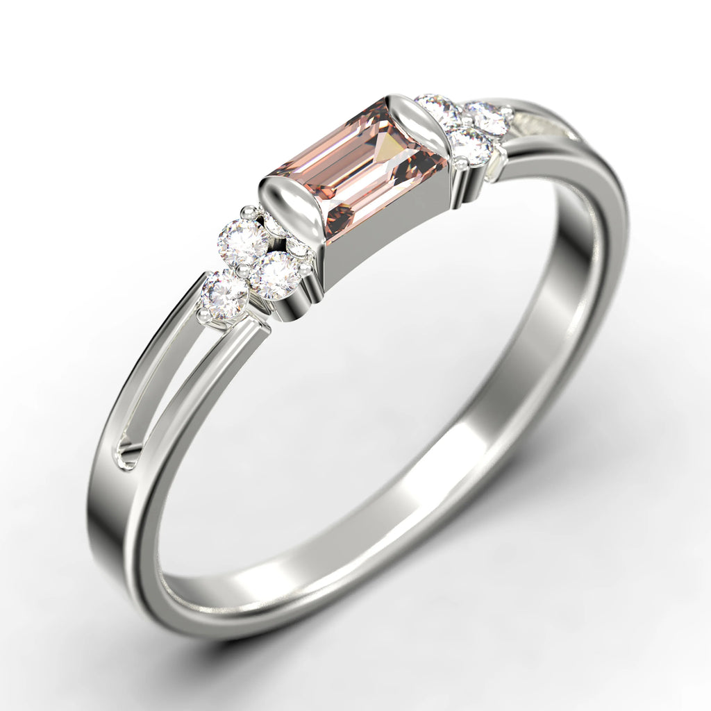 1.00 Carat Baguette Cut Morganite And Diamond Moissanite Engagement Ring in 10k Solid White Gold V738145
