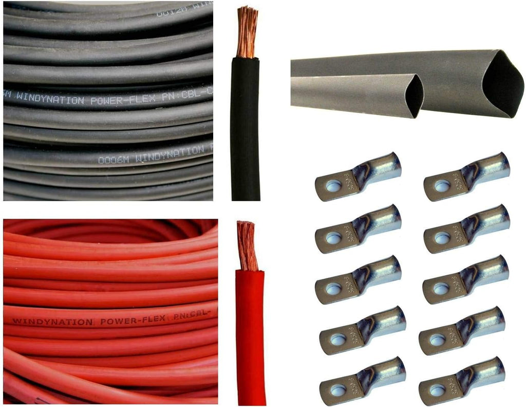 1/0 AWG 10 Feet Black Pure Copper Flexible Cable with Copper Cable Lug Terminal Connectors and Heat Shrink Tubing B6722