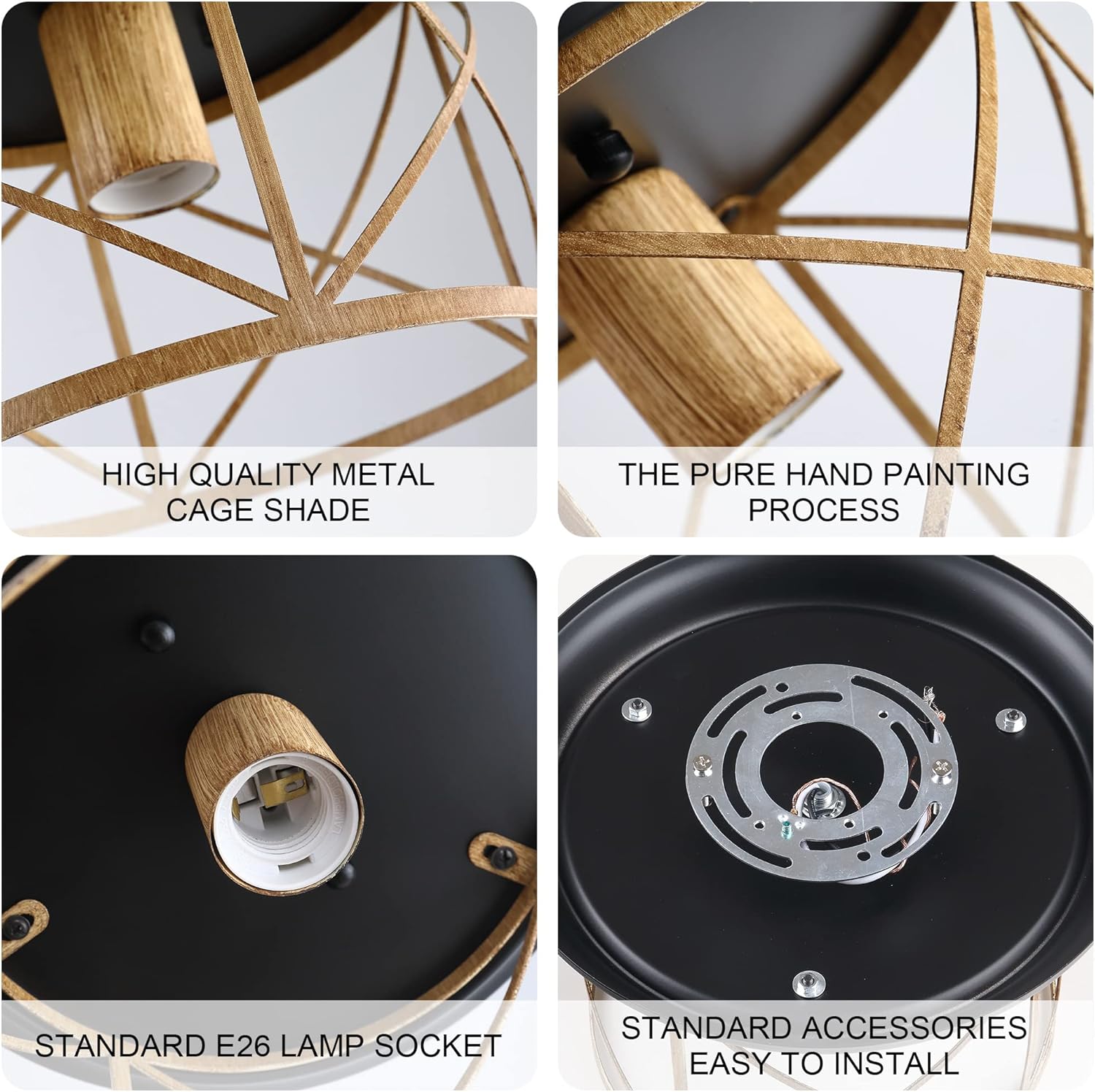 Rustic Flush Mount Ceiling Light with Hand Paint Wood Finish Vintage Industrial Metal Cage Ceiling Lamp E26 Base O6464