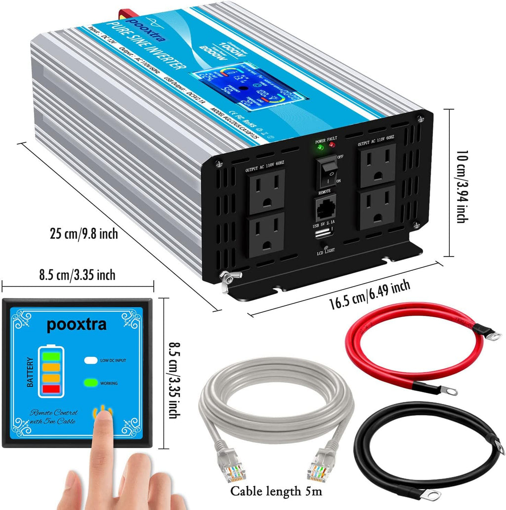 1000 Watt Pure Sine Wave Inverter 12v to AC 110v with 4AC Power Outlets, Remote Control, LCD Display H4214