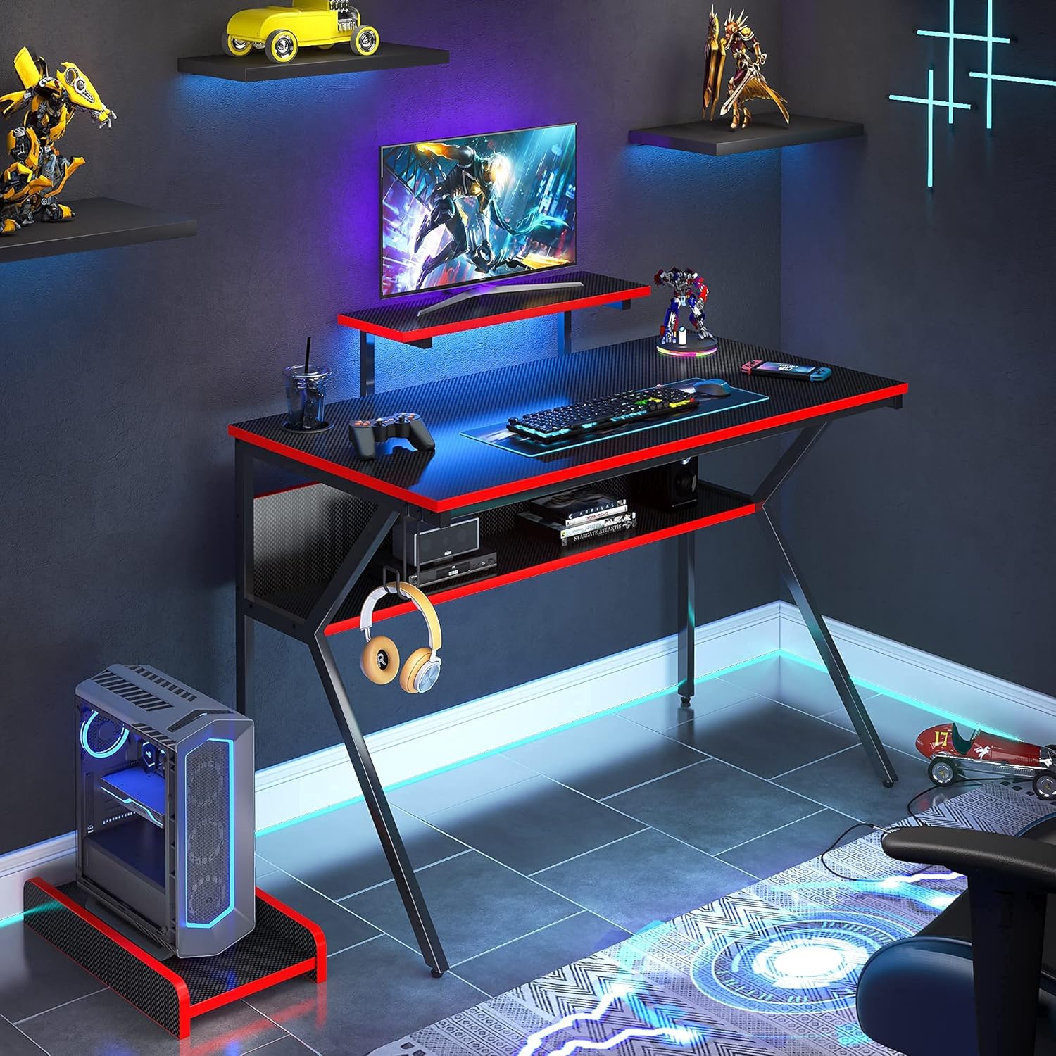 44 K-Shaped Gaming Desk with Led Light CPU Stand Carbon Fiber RGB Computer Desk with Bookshelf Black/Red E417402