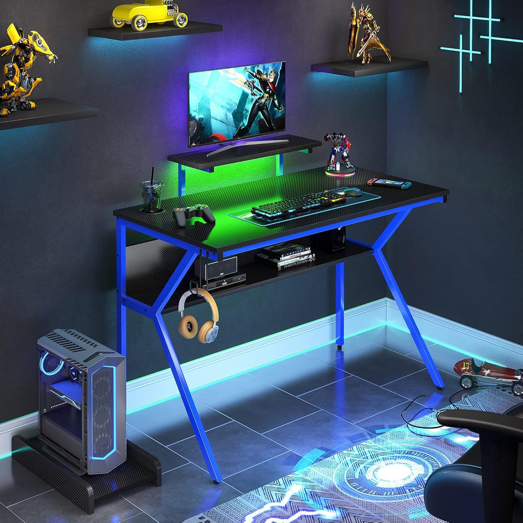 44 K-Shaped Gaming Desk with Led Light CPU Stand Carbon Fiber RGB Computer Desk with Bookshelf Black/Red E417402