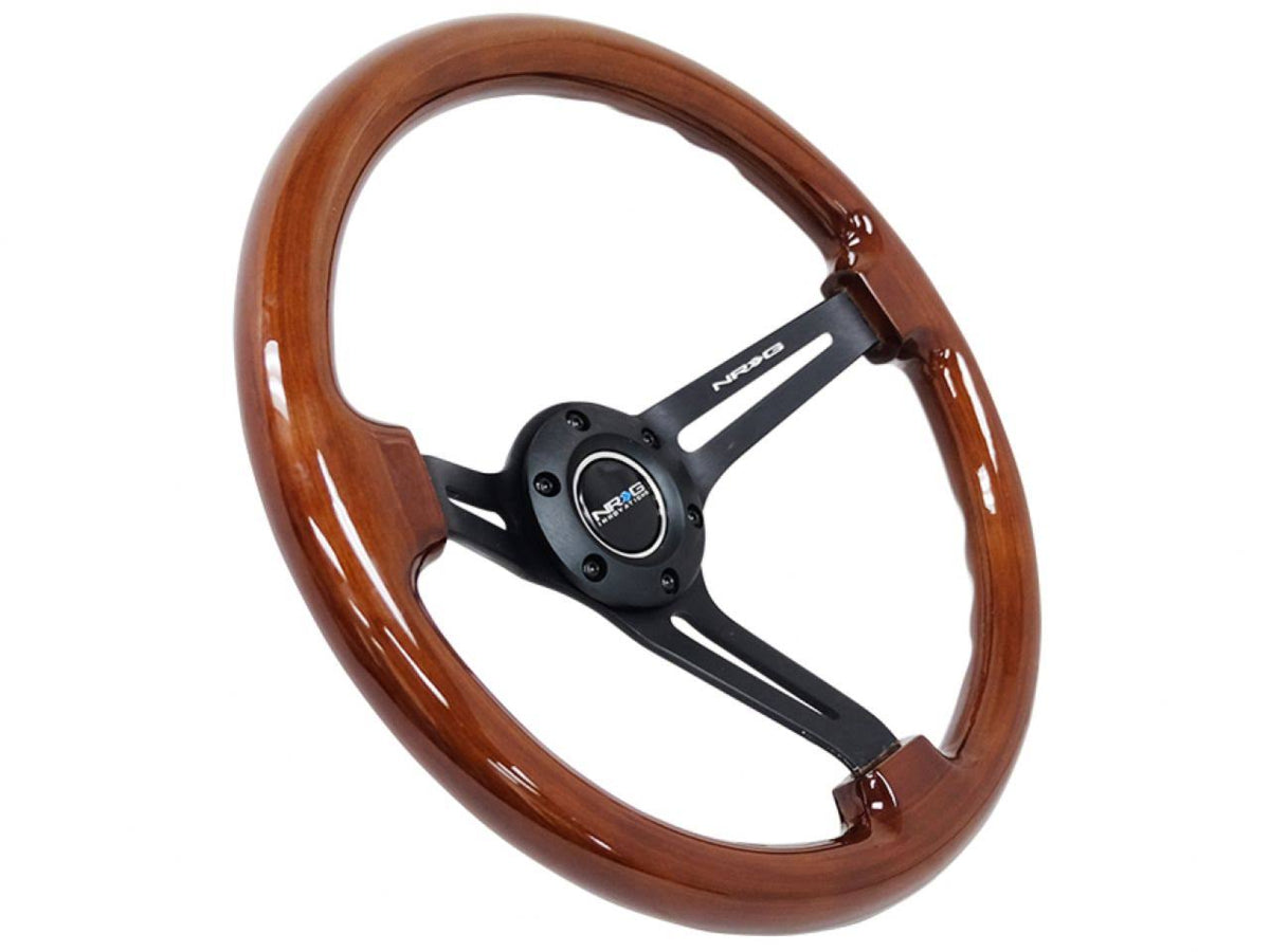 3-Spoke 350mm Brown Wood Grain Steering Wheel with Black Matte Spokes G6689