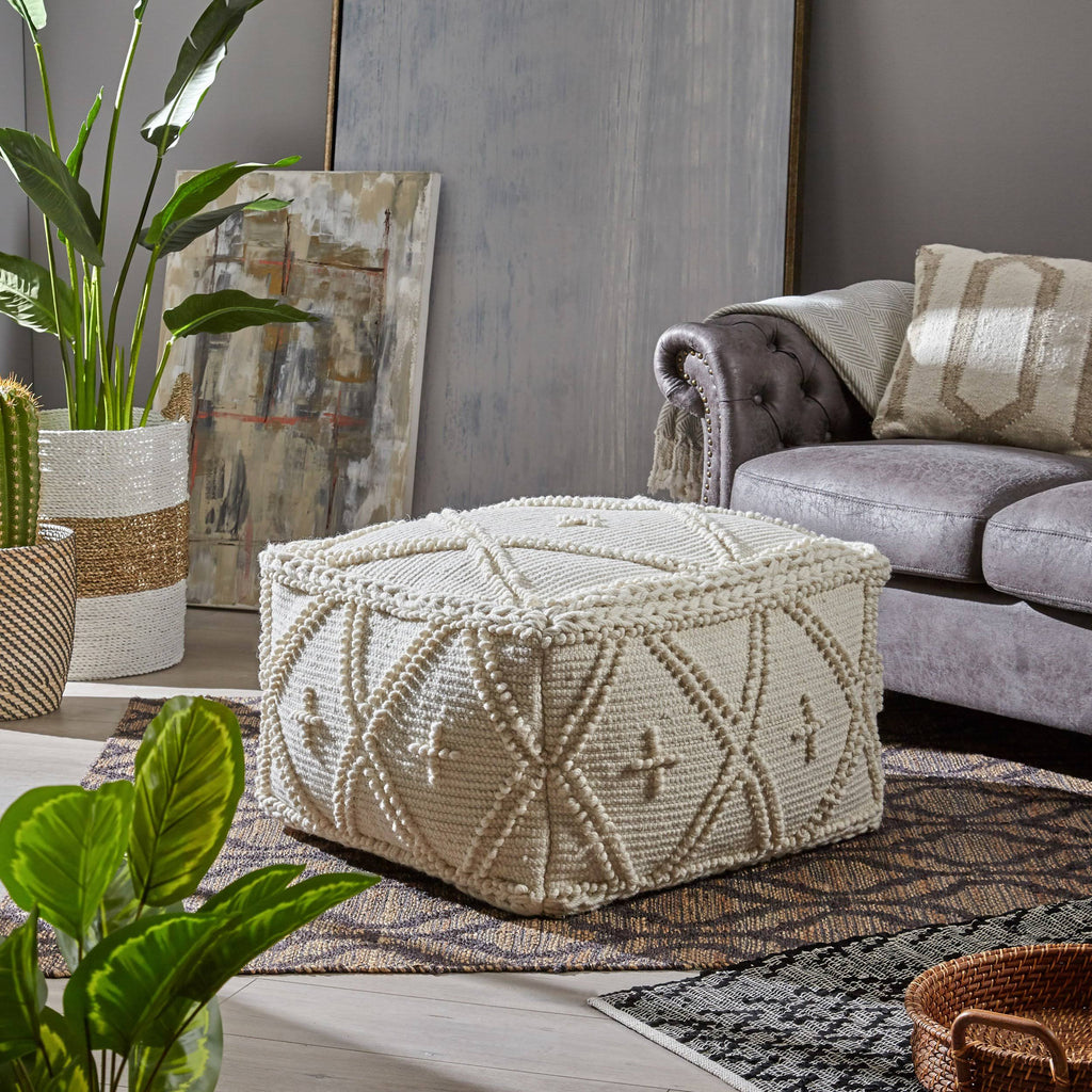 White Wool Cotton Square Pouf P678